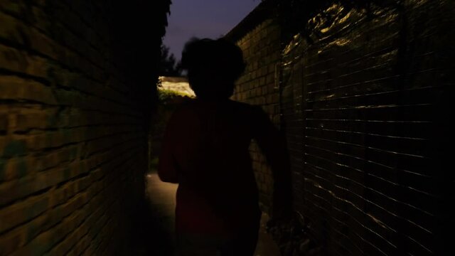 terror, danger - young woman runs into a dark alley to escape from her attacker