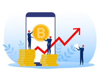 Business man in a suit holding  Bitcoin rate growth concept.Vector illustration in flat style