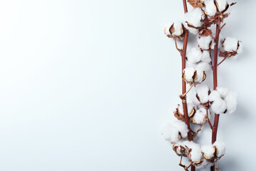 Cotton plant branches on white background, space for text