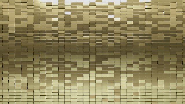 3D, Polished Mosaic Tiles arranged in the shape of a wall. Gold, Rectangle, Bullion stacked to create a Glossy block background. 3D Render