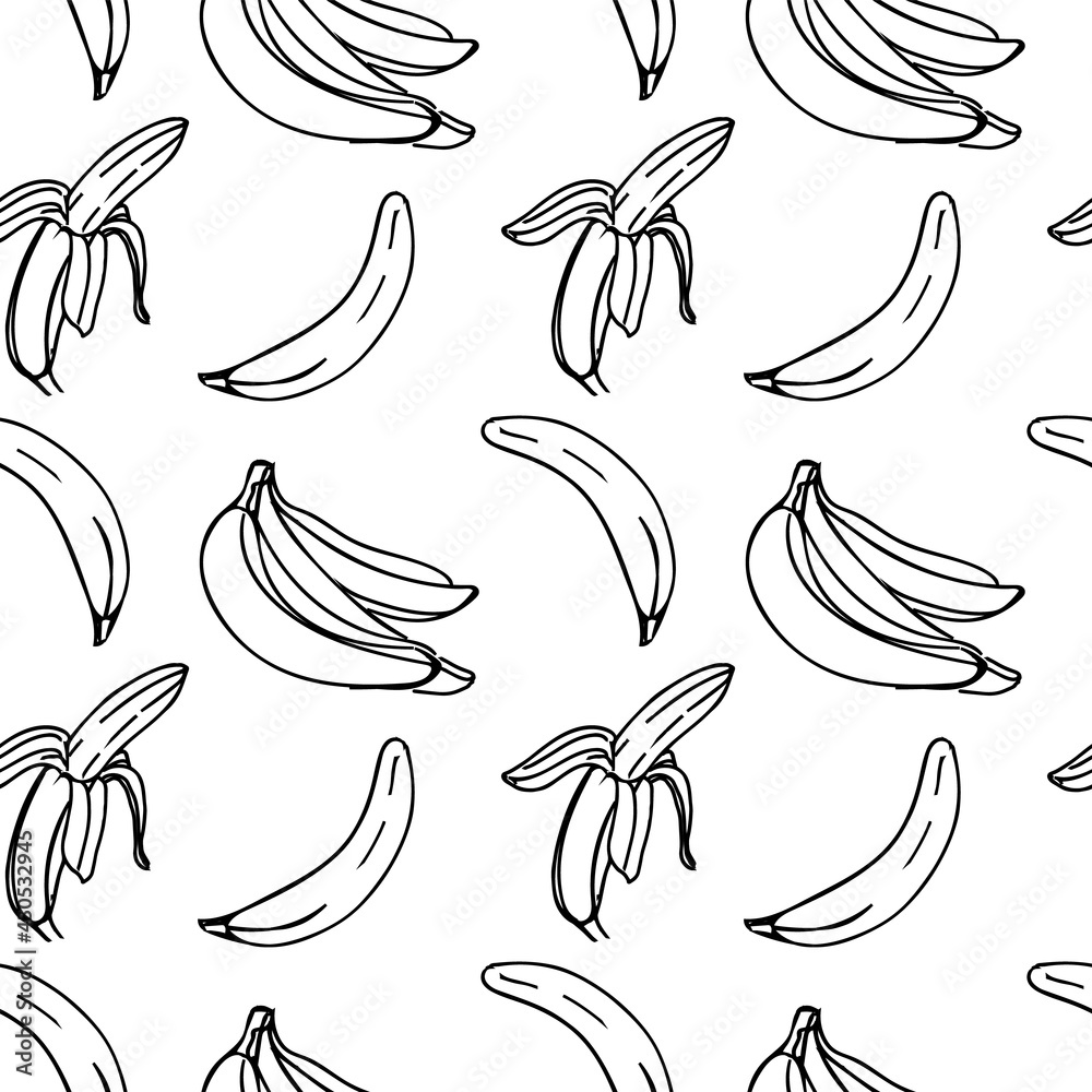 Wall mural Vector seamless pattern with illustration of bananas in line art black color on a white