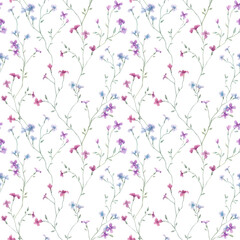Beautiful seamless floral pattern with gentle watercolor hand drawn purple wild field flowers. Stock illustration.