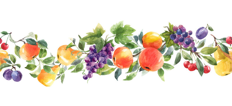 Beautiful horizontal seamless pattern with hand drawn watercolor tasty summer pear apple grape cherry plum fruits. Stock illustration.