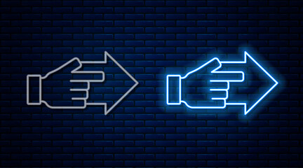 Glowing neon line Hand with pointing finger with arrow icon isolated on brick wall background. Business vision and target. Concept business finance, character, leader. Vector