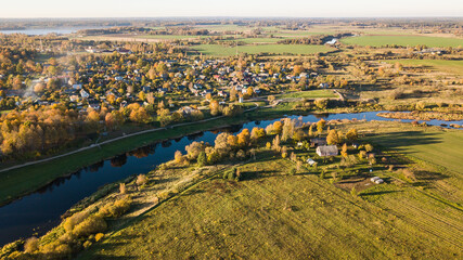 Aerial view of Skrunda town in autumn evening, Latvia.