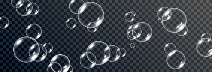 Vector soap bubble. Realistic soap bubble png, glare. Foam bubbles png. Powder, soap, detergent. Vector image.