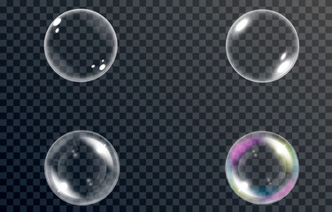 Vector set of soap bubbles. Bubbles of different types. Bubble, soap, foam, detergent, glare, png. - obrazy, fototapety, plakaty