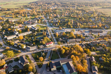 Aerial view of Skrunda town in autumn evening, Latvia.