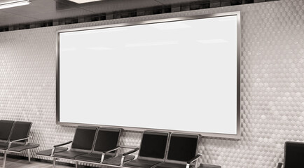 Panoramic 2:1 billboard on underground wall Mockup. Hoarding advertising on train station wall 3D rendering © sdecoret