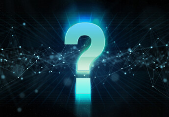 Digital question mark holographic icon bursting into blue and green neon light 3D rendering