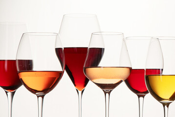 Red, rose and white wine in glasses