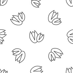 Grey line Pistachio nuts icon isolated seamless pattern on white background. Vector