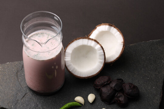 Solkadhi OR Kokum curry, A famous drink from Goa or Maharashtra`s Konkan region, served in a glass.