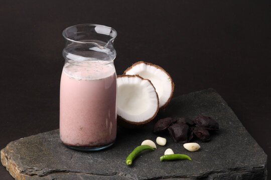 Solkadhi OR Kokum curry, A famous drink from Goa or Maharashtra`s Konkan region, served in a glass.