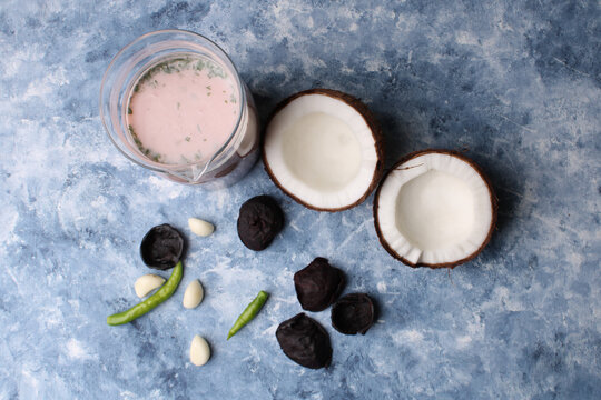 Solkadhi OR Kokum curry, A famous drink from Goa or Maharashtra`s Konkan region, served in a glass.