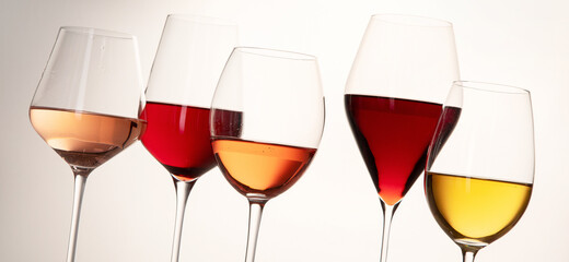 Red, rose and white wine in glasses