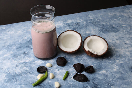 Solkadhi OR Kokum curry, A famous drink from Goa or Maharashtra`s Konkan region, served in a glass.