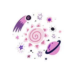 Childrens illustration of a meteorite, sun, saturn, stars and curls on a white background. Cosmic luminaries. Galaxy. Vector hand drawn flat illustration