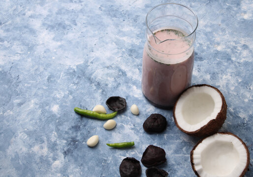 Solkadhi OR Kokum curry, A famous drink from Goa or Maharashtra`s Konkan region, served in a glass.