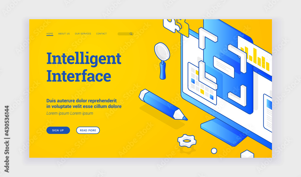 Poster intelligent interface. isometric illustration of computer monitor with intelligent interface feature