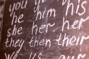 Pronouns in English. Written on a blackboard with chalk.