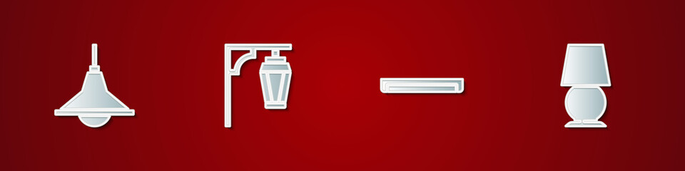 Set Chandelier, Vintage street light, Fluorescent lamp and Table icon. Vector