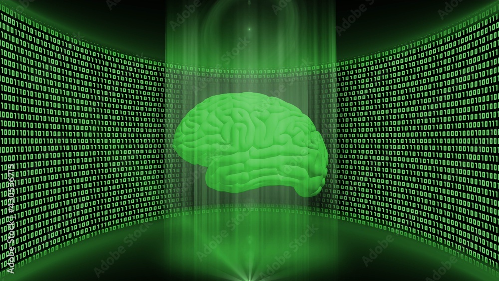 Poster abstract data flow background in green color - shining light beam in cylinder form with floating hum