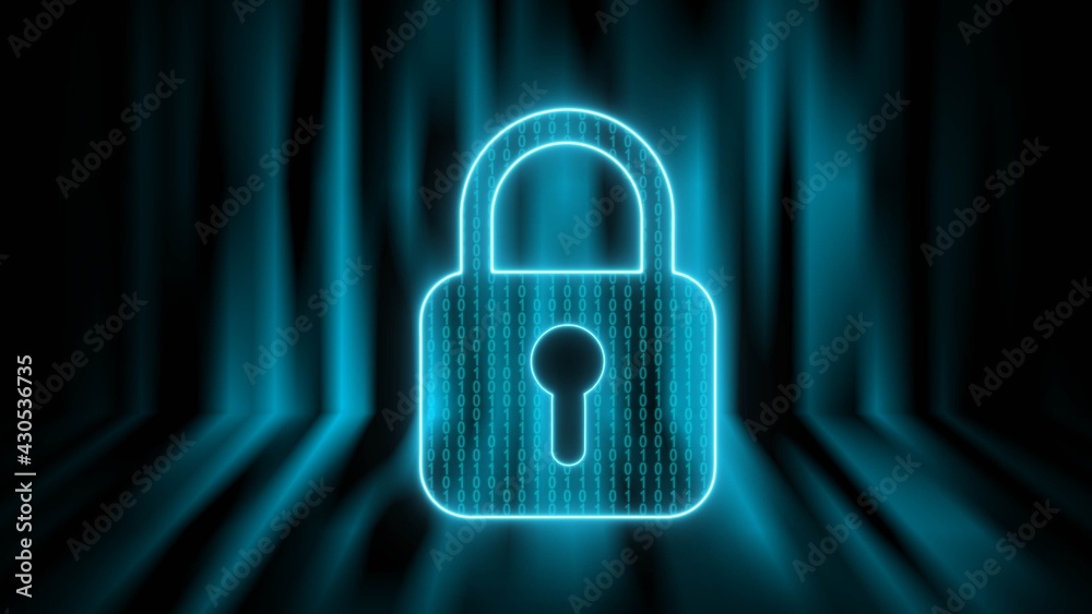 Poster security concept - binary code into closed padlock on digital background with light effects - 3d ill