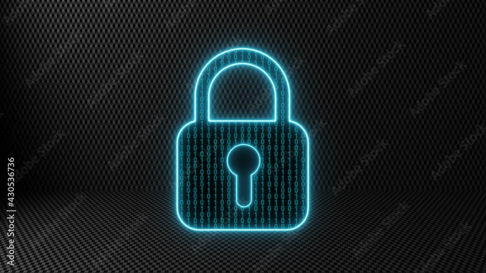 Poster security concept - binary code into closed padlock on structured digital background - 3d illustratio