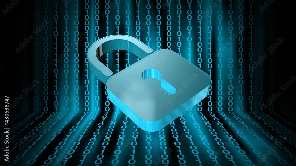 Poster security concept in bright blue design - closed padlock on digital background with tapes of binary c