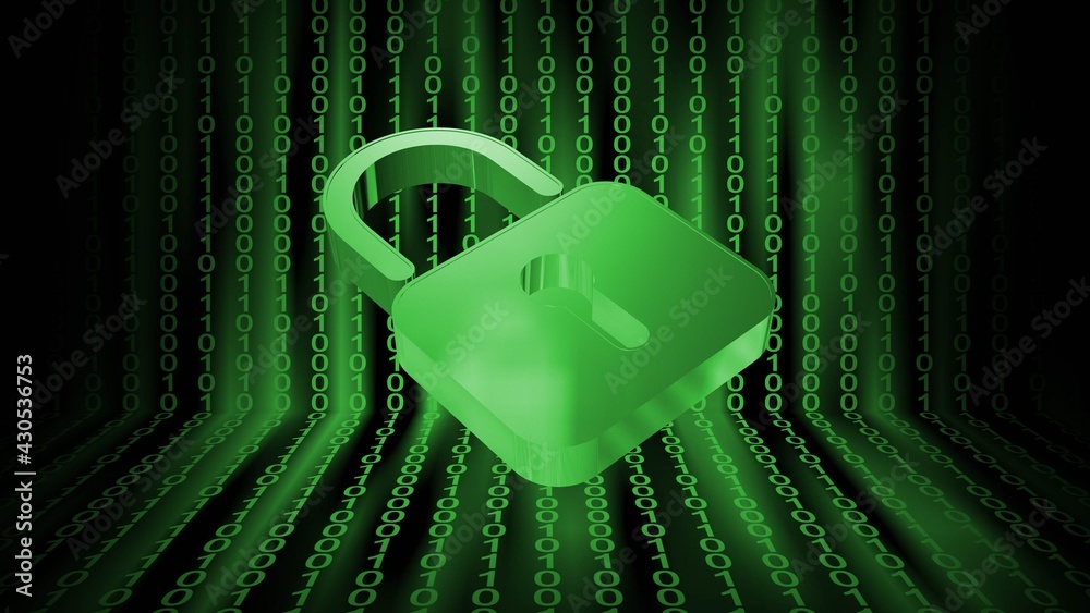 Poster ecurity concept in green design - closed padlock on digital background with tapes of binary code - 3