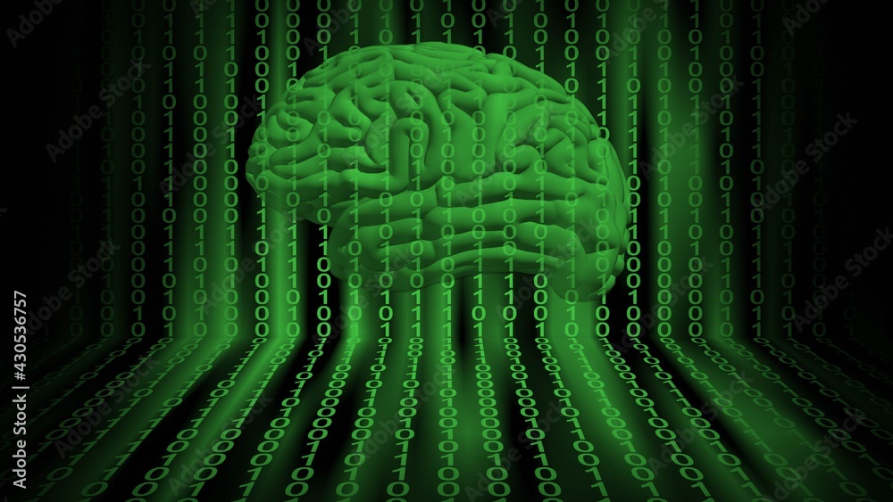 Poster security concept in green design - human brain in digital background behind tapes of binary code - 3