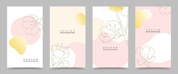Vector set of background templates with trendy colored shapes and minimal hand drawn flowering branch. Illustration for posters, wedding invitations, social media posts and stories, covers.