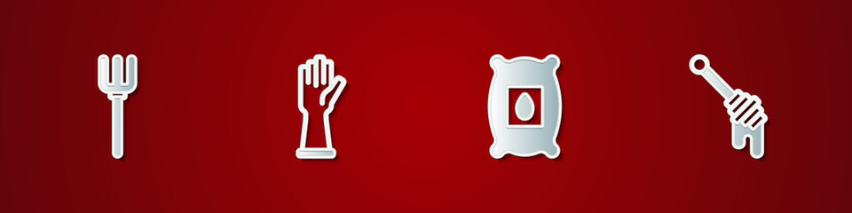 Set Garden pitchfork, Rubber gloves, Pack full of seeds of plant and Honey dipper stick icon. Vector