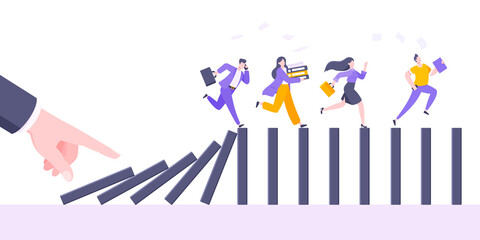 Domino effect or business cowardice metaphor vector illustration concept. Adult young business people run away from hand falling domino line business concept problem solving and danger chain reaction.