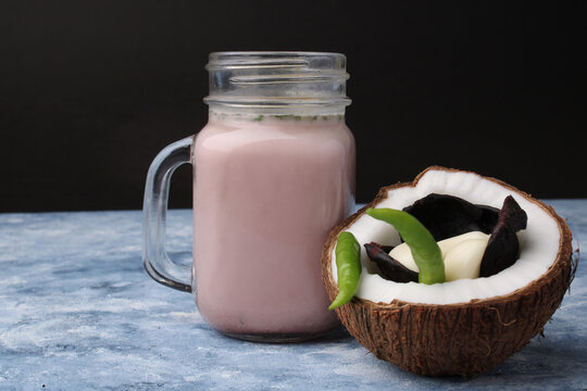 Solkadhi OR Kokum curry, A famous drink from Goa or Maharashtra`s Konkan region, served in a glass.