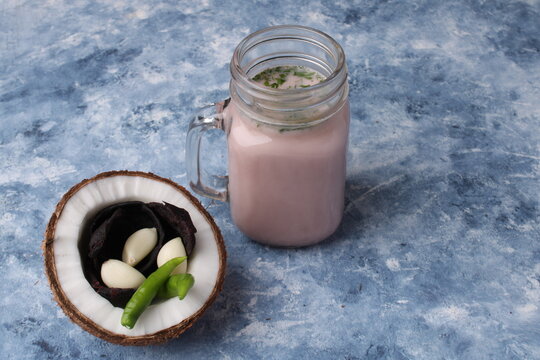 Solkadhi OR Kokum curry, A famous drink from Goa or Maharashtra`s Konkan region, served in a glass.