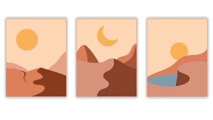 Set of abstract backgrounds mountain landscape,sea or lake,sky,sun or moon