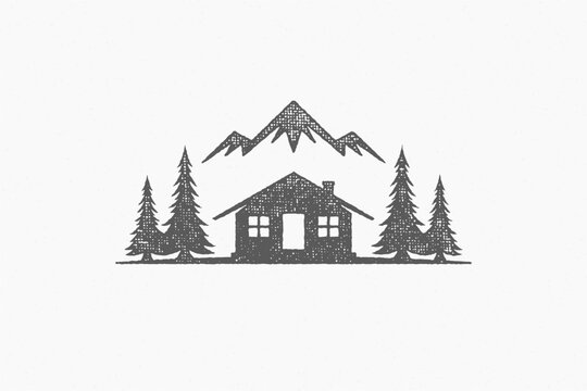 Silhouette shack hut located near coniferous forest and mountain ridge in countryside hand drawn stamp