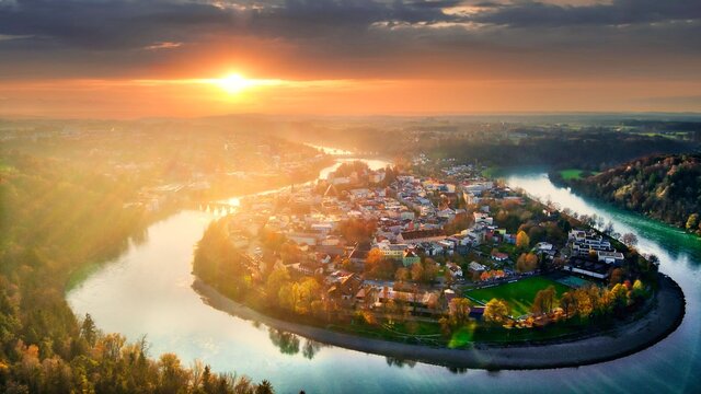 Aerial view at sunset over Wasserburg am Inn, Bavaria, Germany.