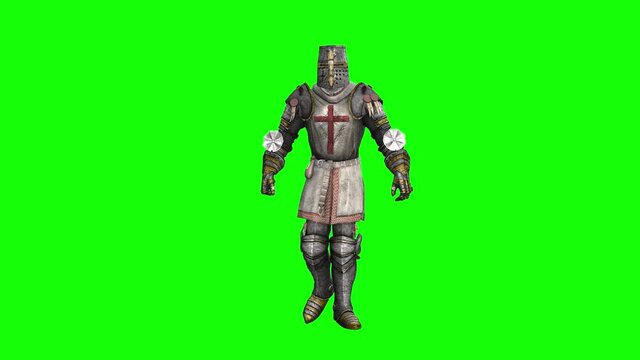 3d animation of a medieval knight wearing a suit of armour, walks slowly forward, sits and talks about something