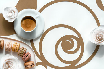 Coffee cups, macarons, Fibonacci sequence circles. Espresso, tasty perfection. Golden ratio...
