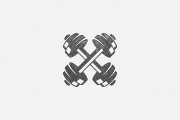Wandcirkels aluminium Heavy crossed dumbbells silhouette as symbol of weightlifting training in gym hand drawn stamp vector illustration. © provectors