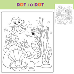 Numbers game, education dot to dot game for children. Vector illustration of Cartoon the seahorse and jellyfish. Coloring book.