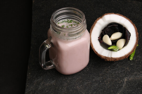 Solkadhi OR Kokum curry, A famous drink from Goa or Maharashtra`s Konkan region, served in a glass.