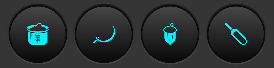 Set Bag of flour, Sickle, Acorn, oak nut, seed and Scoop icon. Vector