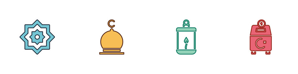 Obraz premium Set Octagonal star, Muslim Mosque, Ramadan Kareem lantern and Donate or pay your zakat icon. Vector