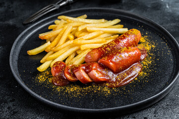 German currywurst Sausages with French fries on a plate. Black background. Top view