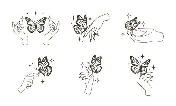 Woman hand with butterfly logo. Magical esoteric occult style illustration.
