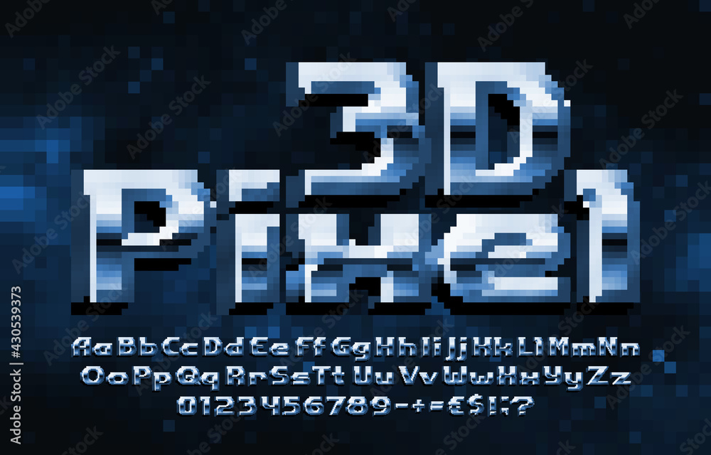 Fototapete 3d pixel alphabet font. digital letters, numbers and punctuations. 80s arcade video game typescript.